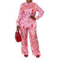 Polyester Plus Size Women Casual Set & two piece & loose Long Trousers & top printed floral red Set