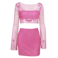 Polyester Slim Two-Piece Dress Set see through look & backless & two piece & hollow patchwork Set