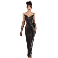 Spandex & Polyester Slim One-piece Dress deep V & back split & hollow patchwork bowknot pattern black PC
