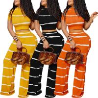 Polyester Wide Leg Trousers & Crop Top Women Casual Set & two piece Long Trousers & top striped Set