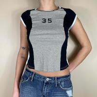 Spandex & Polyester & Cotton Crop Top Women Short Sleeve T-Shirts slimming printed number pattern gray PC