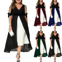 Spandex & Polyester Plus Size One-piece Dress irregular & deep V & fake two piece patchwork Solid PC