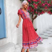 Viscose Fiber long style One-piece Dress deep V printed shivering red PC