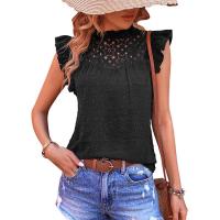 Polyester scallop Women Short Sleeve Shirt patchwork Solid black PC