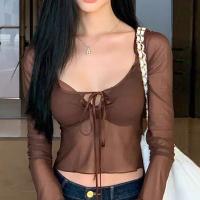 Spandex & Polyester Women Casual Set see through look & two piece & hollow tank top & top patchwork Solid brown Set