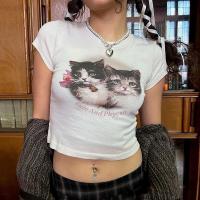 Seda artificial & Spandex & Poliéster Mujeres Camisetas de manga corta, impreso, Gatos, blanco,  trozo