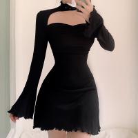 Spandex & Polyester Waist-controlled & A-line One-piece Dress & hollow patchwork Solid black PC