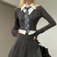 Spandex & Cotton Slim Women Long Sleeve Shirt & fake two piece patchwork Solid gray PC