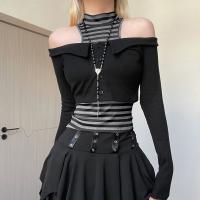 Spandex & Polyester Women Casual Set & two piece & off shoulder tank top & top patchwork striped black Set