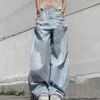 Polyester & Cotton Ripped & High Waist Women Jeans slimming & loose patchwork Solid blue PC