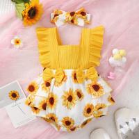 Polyester Baby Clothes Set & two piece headband & teddy printed shivering yellow Set