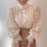 Lace & Cotton Women Long Sleeve Blouses & hollow patchwork Solid PC