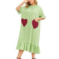 Polyester Plus Size One-piece Dress & loose & with pocket patchwork striped green PC