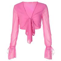 Polyester Slim & Crop Top Women Long Sleeve Blouses patchwork Solid fuchsia PC