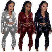 Polyester Plus Size Women Casual Set & two piece Long Trousers & top patchwork Solid Set