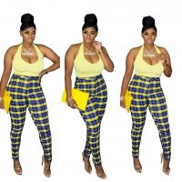 Polyester Women Casual Set backless & two piece Long Trousers & tank top printed plaid yellow Set