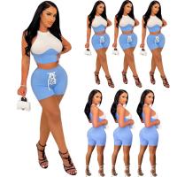 Polyester Women Casual Set & two piece short pants & tank top patchwork Solid blue Set