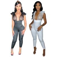 Polyester Long Jumpsuit see through look & deep V & skinny patchwork Solid white and black PC