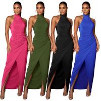 Spandex & Polyester long style & front slit One-piece Dress Solid PC