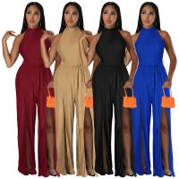 Polyester front slit Long Jumpsuit & loose Solid PC