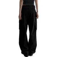 Spandex & Polyester High Waist Women Long Trousers flexible & with pocket patchwork Solid black PC