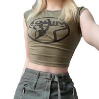 Polyester & Cotton Slim & Crop Top Women Short Sleeve T-Shirts flexible printed geometric army green PC