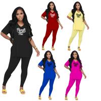Polyester Women Casual Set side slit & two piece Long Trousers & top patchwork letter Set