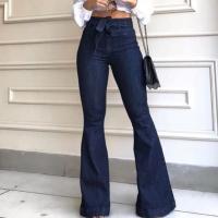 Denim bell-bottom & High Waist Women Jeans plain dyed Solid blue PC