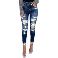 Cotton Denim Ripped Women Jeans pencil pant frayed Solid deep blue PC
