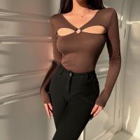 Polyester Slim Women Long Sleeve T-shirt & hollow Solid PC