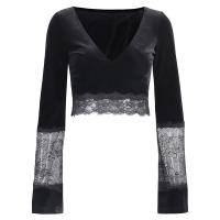 Polyester Slim & Crop Top Women Long Sleeve T-shirt see through look & hollow patchwork Solid black PC