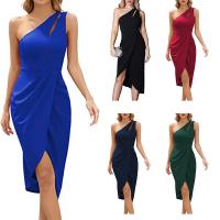 Spandex & Polyester One-piece Dress mid-long style & side slit & hollow & One Shoulder patchwork Solid PC