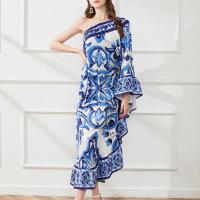 Polyester scallop & long style One-piece Dress & loose & One Shoulder printed blue PC