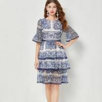 Polyester A-line One-piece Dress mid-long style printed blue PC