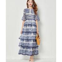 Polyester long style & Layered One-piece Dress large hem design printed blue PC