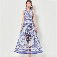 Polyester Slim & long style One-piece Dress large hem design & deep V & backless printed blue PC