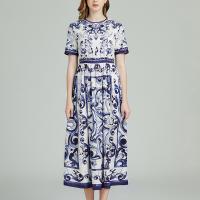 Polyester A-line One-piece Dress large hem design & mid-long style printed blue PC