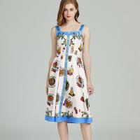 Polyester Slim & A-line & High Waist One-piece Dress mid-long style printed sky blue PC