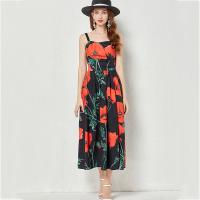 Polyester Slim & long style & High Waist One-piece Dress printed floral black PC