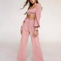 Polyester Women Casual Set & three piece Long Trousers & camis & coat knitted Solid Set