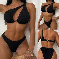 Polyester Bikini backless & two piece Solid black Set