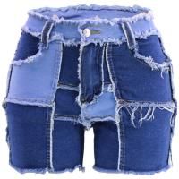 Cotton Denim High Waist Shorts washed patchwork blue PC