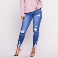 Cotton Denim Ripped & High Waist Women Jeans pencil pant frayed Solid PC