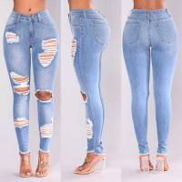 Cotton Denim Ripped & High Waist Women Jeans pencil pant frayed Solid PC