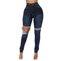 Cotton Denim Ripped Women Jeans pencil pant washed Solid deep blue PC