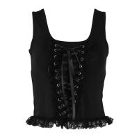 Polyester Slim Tank Top patchwork Solid black PC