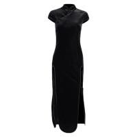 Velveteen Slim One-piece Dress side slit & hollow patchwork Solid black PC