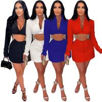 Polyester Slim Two-Piece Dress Set deep V & two piece patchwork Solid PC