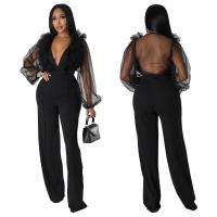 Polyester Slim & High Waist Long Jumpsuit see through look patchwork Solid PC