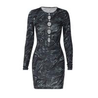 Polyester Slim Sexy Package Hip Dresses & hollow printed black PC